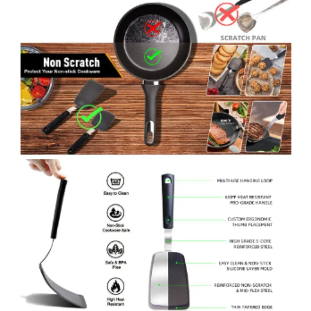 2 pc - Silicone-Stainless Steel Spatulas/ Turners - 600F Heat Resistant